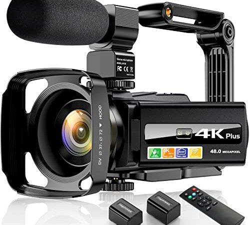 4K Videokamera Camcorder Ultra HD 48MP WiFi IR-Nachtsicht YouTube Vlogging kamera für 6-Achsen-Anti-Shake 16x Digitalzoom Kamera Recorder mit Mikrofon, Handheld-Stabilisator,Objektivhaube, 2 Batterien