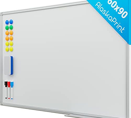 Alaskaprint Magnetisches Whiteboard Magnetwand magnettafel beschreibbar mit Alurahmen inklusive 3 Stiftablage , 12 Pinnwand Tafel und Schwamm 60 cm x 90 cm (B x H)