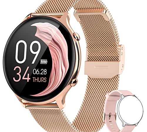 BANLVS Smartwatch Damen, 1,28 Zoll Fitness Tracker Armbanduhr Pulsuhr Schlafmonitor Blutsauerstoff, Sportuhr IP68 Wasserdicht Schrittzähler Uhr mit 24 Sportmodi Smart Watch für Android IOS Handy Gold