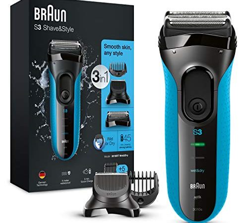 Braun Series 3 Rasierer Herren, 3-in-1-Elektrorasierer, Barttrimmer mit 5 Kammaufsätzen, wiederaufladbarer und kabelloser elektrischer Rasierer, 30 Min Laufzeit, Wet&Dry, 3010BT, blau