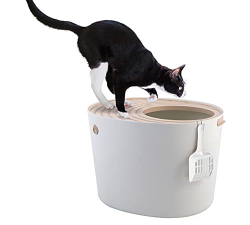 Iris Ohyama, Katzentoilette hop in / Katzenklo oben einstieg mit gerilltem Deckel, keine Verbreitung von Geruch und Streu, Schaufel inkl. für Katze - Cat Litter Box Jump-in PUNT-530, Weiß