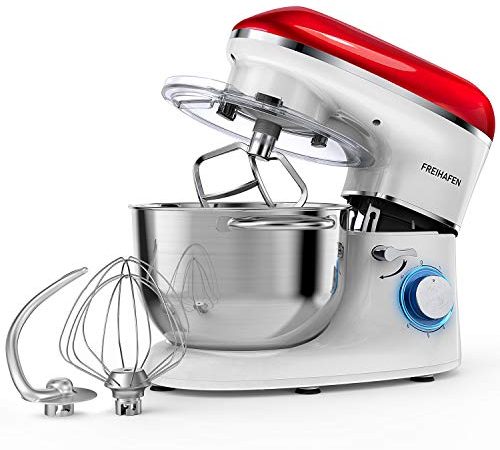 Küchenmaschine Knetmaschine, Freihafen 1400W 5,5L Reduzierte Geräusche Knetmaschine mit Rührbesen. Knethaken. Schlagbesen. Spritzschutz. 6 Geschwindigkeit mit Edelstahlschüssel Teigmaschin (Rot-weiß)