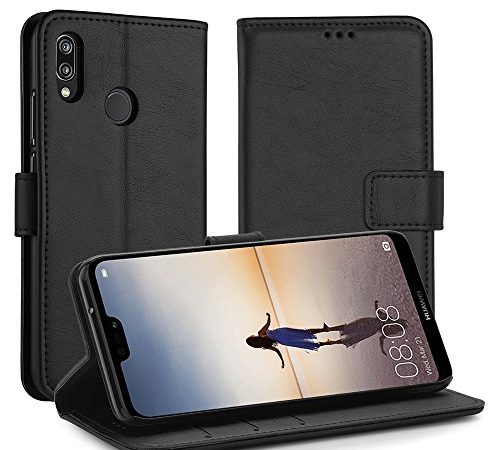 Simpeak Hülle Kompatibel mit Huawei P20 Lite, Handyhülle Kompatibel für P20 Lite Leder Flipcase [Kartensteckplätze] [Stand Feature] [Magnetic Closure Snap] - Schwarz