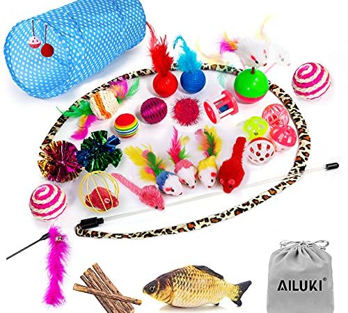 AILUKI 31 Stück Katzenspielzeug Set mit Katzentunnel Jingle Bell Katzen Spielzeug Variety Pack für Kitty