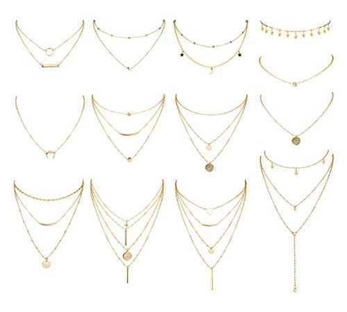 CASIECA 13 Pcs Geschichteten Choker Halskette Einstellbar Lang Anhänger Halskette Klein Sterne Mond Pailletten Choker Mehrschichtige Kette Halskette Set für Frauen Mädchen Böhmischer Schmuck