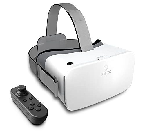 DESTEK VR Brille für Handy, VR Headset Virtual Reality Brille HD 110°FOV mit Bluetooth Fernbedienung, VR Brille für Brillenträger für iPhone/Android,4,7-6,8 Zoll-Bildschirm (Weiß)