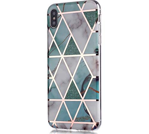 Fatcatparadise für iPhone XS/iPhone X Hülle (5,8 Zoll) + Displayschutz, Galvanisiert Marmor Weich Silikon Handyhülle Schlank TPU Bumper Handytasche Gummi Dünn Abdeckung Schutzhülle (Grün Weiß)