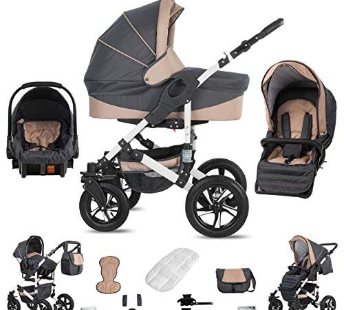 Friedrich Hugo Hamburg | 3 in 1 Kombi Kinderwagen | Luftreifen | Farbe: Grey & Beige