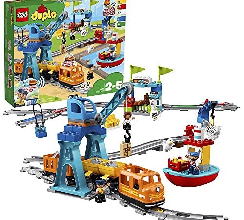 LEGO 10875 DUPLO Güterzug, „Push & Go“-Lok mit Lichtern und Geräuschen, Funktionssteinen und 2 Kranen, Spielzeug für Kinder ab 2 Jahren