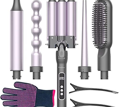 Lockenstab Set EmaxDesign Lockenstäbe 5 in 1 Haarglätter Bürste und Welleneisen mit PTC-Schnellheizung Temperaturregelung mit LCD Display Lockenstab Große Locken