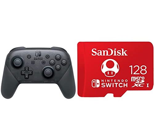 Nintendo Switch Pro Controller & SanDisk microSDXC UHS-I Speicherkarte für Nintendo Switch 128 GB (V30, U3, C10, A1, 100 MB/s Übertragung, mehr Platz für Spiele)