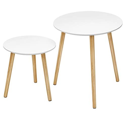 SONGMICS Beistelltisch-Set rund, 2 Moderne Sofatische, minimalistisch, skandinavischer Stil, Couchtische mit Beinen aus Massivholz, Tischkombination fürs Wohnzimmer, Balkon, Kiefernholz LET07WN