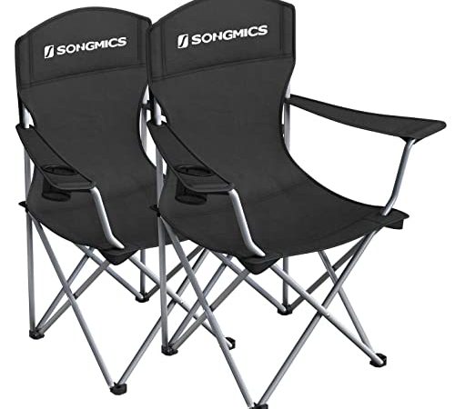 SONGMICS Campingstuhl, 2er-Set, klappbar, komfortabel, Klappstuhl mit robustem Gestell, bis 150 kg belastbar, mit Flaschenhalter, Outdoor Stuhl, schwarz GCB08BK, XL