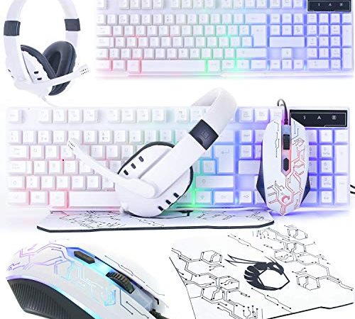 Weiße Gaming-Tastatur und Maus und Gaming-Headset & Mauspad, kabelgebundene LED-RGB-Hintergrundbeleuchtung Bundle für PC-Gamer-Benutzer – 4-in-1 weiße Edition Hornet RX-250