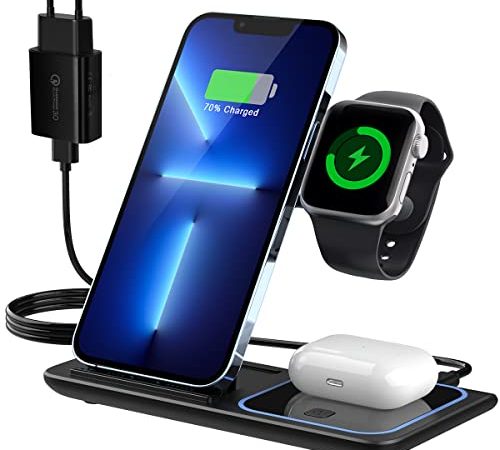 Wireless Charger,3-in-1 Induktive Ladestation,Qi Ladegerät mit Faltbarer 18-W-LadestäNder,Kompatibel mit iPhone 13/12/11/Pro/Xs/Xs Max/Xr/X/Se/8/8 Plus/Apple Watch 7/6/5/4/3/2 Airpods 3/2/Pro