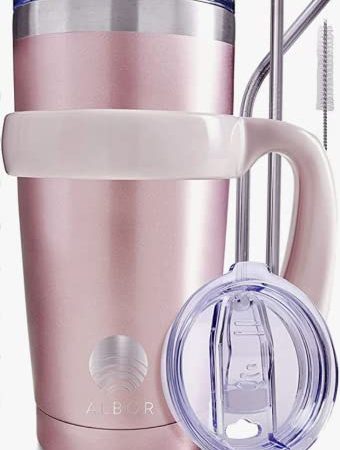 ALBOR Dreifach Isolierter Thermo Trinkbecher aus Edelstahl 568 ml - Thermobecher Pink Gold mit Griff