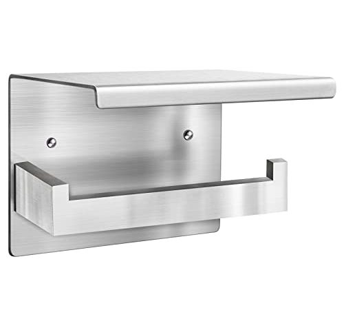 Auxmir Toilettenpapierhalter mit Ablage ohne Bohren, Selbstklebend oder Wandmontage Klopapierhalter Papierhalter aus SUS 304 Edelstahl, Klorollenhalter für Badezimmer Toilette Küche, Rostfrei, Silber