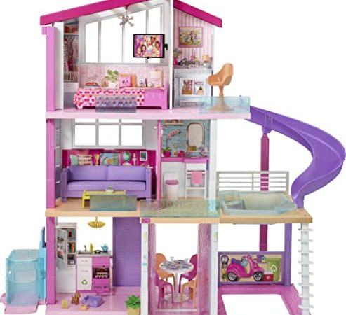Barbie GNH53 Traumvilla Dreamhouse Adventures Puppenhaus mit 3 Etagen, 8 Zimmer, Pool mit Rutsche und Zubehör, ca. 116 cm hoch, mit Lichter und Geräuschen, Spielzeug ab 3 Jahren