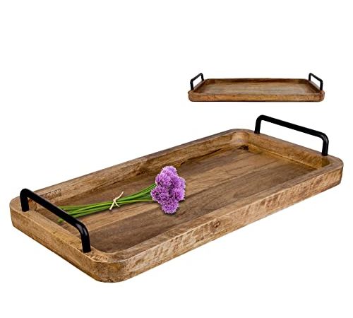 BigDean Serviertablett aus Mangoholz - 60 x 30 x 3 cm - Vintage Holz Tablett - UNIKAT - Holztablett mit Metall-Griffen - Küchentablett rechteckig
