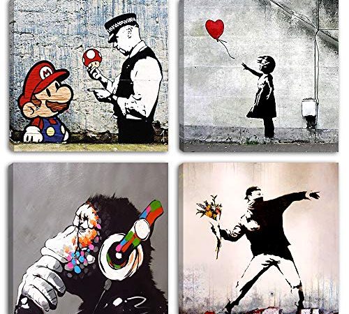 Degona Moderne Bilder Banksy 4 Stück jeweils 30 x 30 cm Druck auf Leinwand abstrakte Kunst XXL Dekor für Wohnzimmer Schlafzimmer Küche Büro Bar Restaurant