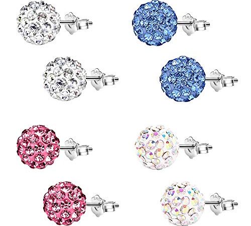 Epoch World Damen Ohrringe Silber 925 4 Paare Ohrstecker mit Kristall Strass Kugel 8mm Stecker Ohrringe Set in 4 Farben Ohrringe für Damen Mädchen