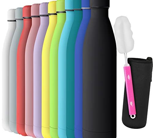 GeeRic Trinkflasche 1L Edelstahl Thermosflaschen Doppelwandige thermoskanne 1000ml Auslaufsicher BPA-frei rostfrei Isolierflasche und Hält kalte Mit Tassenbürste, Tassenschutz