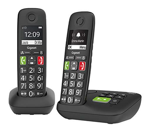 Gigaset E290A - 2 Schnurlose Senioren-Telefone mit Anrufbeantworter und großen Tasten - großes Display, Zielwahltasten für wichtige Nummern, Verstärker-Funktion für extra lautes Hören, schwarz