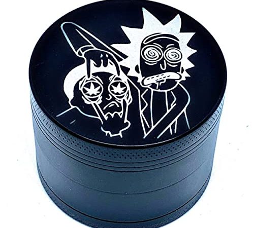 Grinder Rick und Morty 50 mm 4-teilige Gewürzmühle aus Zinklegierung, robust, schwarz, getrocknet, mit kleinem Pollenwender für perfekten Verschluss