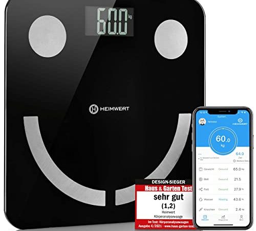 HEIMWERT Körperfettwaage Test SEHR GUT - Testsieger Design Waage mit Bluetooth APP und wiederaufladbarem USB Akku - Körperanalysewaage Personenwaage Waage Personen Personenwaage Körperfett digital