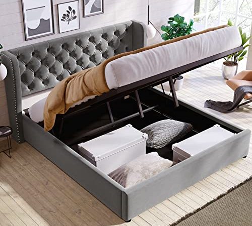 HESHU Bett mit Bettkasten Samt-Stoff Polsterbett Lattenrost Doppelbett Stauraum, Holzfuß, Grau, 140 x 200 cm【DE auf Vorrat】