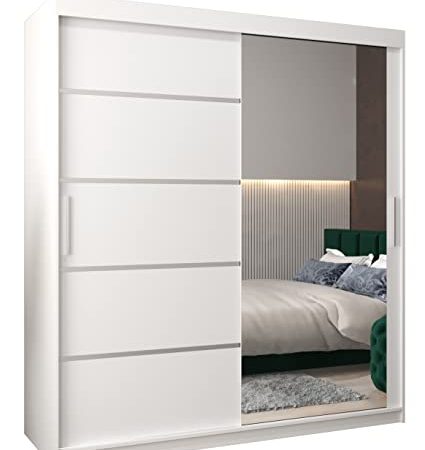Kryspol Schwebetürenschrank Verona 2-180 cm mit Spiegel Kleiderschrank mit Kleiderstange und Einlegeboden Schlafzimmer- Wohnzimmerschrank Schiebetüren Modern Design (Weiß)