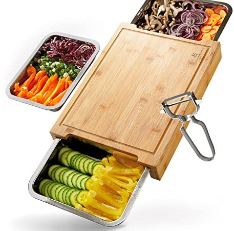 LivingBeat® Bambus Schneidebrett mit Auffangschale XXL - aus 100% nachhaltigem Bambus - Schneidebrett Set mit 3 Edelstahlschalen - inkl. Gemüseschäler