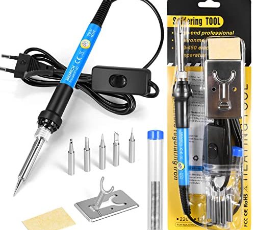 Lötkolben, SREMTCH [Upgraded] 60W Lötkolben Set mit Temperatur Einstellbar und Ein/Aus Schalter, 9-in-1-Lötsets, 5 Lötkolbenspitzen, 10gLötdraht, Y-Typ-Lötkolbenständer for Schweißen DIY reparatur