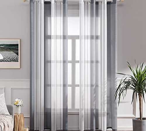 MIULEE Voile Vorhang Nadelstreifen Gardine aus Voile mit Ösen Schlaufenschal Ösenschals Transparent Fensterschal Wohnzimmer Schlafzimmer 2er Set 140x225cm Weiß und Grau