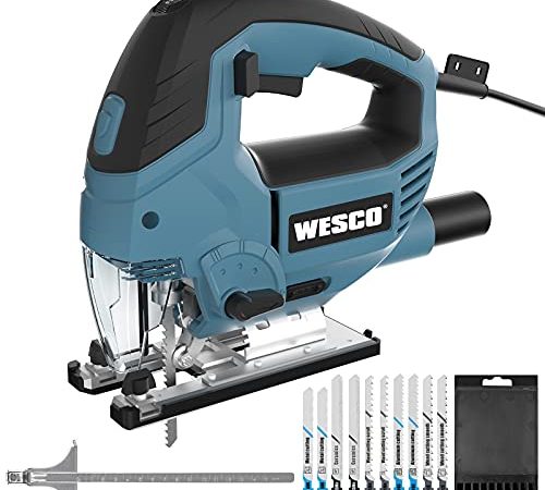 Stichsäge 850W, Elektro Stichsäge & LED, 4-Stufen-Pendelung, 3000SPM, 6-Geschwindigkeitsvorwahl, Schnittwinkel ± 45 ° mit 10 Blättern, Fußplatte aus Aluminium, Motor aus Kupfer