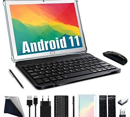 Tablet 10 Zoll Android 11, FEONAL 4G LTE Tablet PC Mit 2 SIM 1 SD Slot 4GB RAM 64GB ROM 128GB TF Mit Tastatur Maus Stift, 13 MP, 6000mAh Akku, 1.6GhzOcta-Core, 1080 FHD| Wi-Fi | GPS | Bluetooth-Silber