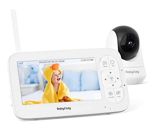 Babycozy Video Babyphone mit Kamera, 5" Video Baby Monitor 720PHD Display, 5000mAh Akku, Remote-PTZ, Nachtsicht, Bidirektionale Kommunikation, Wiegenlieder, Zoom, Raumtemperaturüberwachung