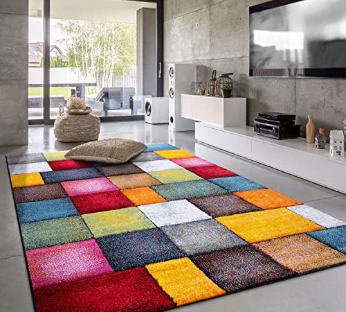 Paco Home Teppich Wohnzimmer Kinderzimmer Kurzflor Moderne 3D Optik Kariert Geometrische Muster Bunt, Grösse:160x230 cm, Farbe:Mehrfarbig