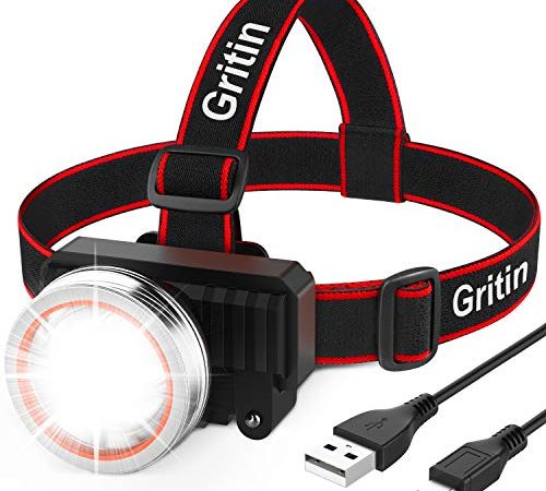 Stirnlampe Wiederaufladbare, Gritin 2000L Superhell Wasserdichte LED Kopflampe mit Bewegungssensor und 4 Modi, 30 Std. Laufzeit, 90° Winkel Einstellbar Scheinwerfer für Campen, Joggen, Angeln und mehr