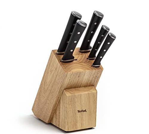 Tefal K232S5 Ice Force Messerblock aus Holz | 5 Messer | Brotmesser 20 cm, Chefmesser 20 cm, Santokumesser 18 cm, Gemüsemesser 11 cm, Tranchiermesser 9 cm | Schneidleistung, Braun/Schwarz/Edelstahl