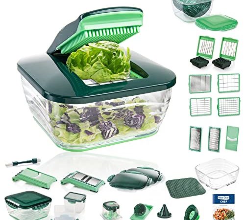 Genius Nicer Dicer Chef Deluxe XXL 37-teilig mit Glasschüssel-Set, Tomaten-Gemüse-Schneider & 3in1 Siebschüssel - Zerkleinerer Zwiebelschneider Pommesschneider, Grün