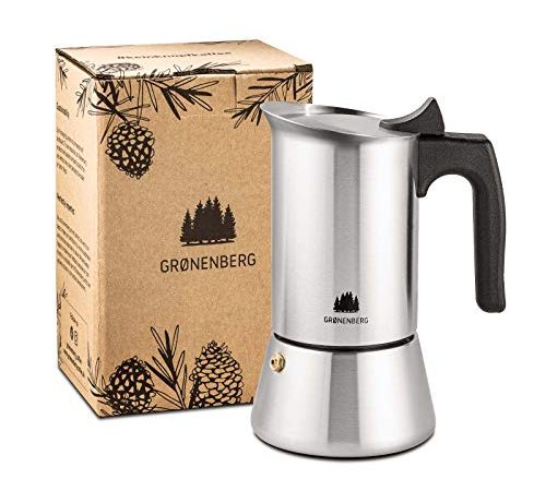 Groenenberg Espressokocher Induktion geeignet | Edelstahl | 4-6 Tassen Espressokanne | 200-300 ml Mokkakanne | Camping Kaffeekocher mit Ersatz Dichtung | Espresso Kocher Alu-frei (4 Tassen (200 ml))