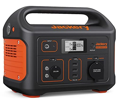 Jackery Explorer 500, 518Wh Tragbare Powerstation Mobiler Stromspeicher mit 230V/500W (Spitze 1000W) Steckdose + USB, Mobile Stromversorgung mit LCD-Anzeige für Party, Camping, Wohnmobil, Heimwerken