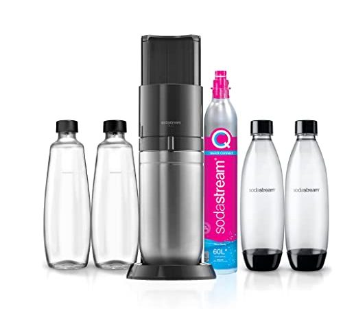 SodaStream Wassersprudler DUO mit CO2-Zylinder, 2x 1L Glasflasche und 2x 1L spülmaschinenfeste Kunststoff-Flasche, Höhe: 44cm, Farbe: Titan