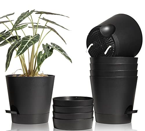 T4U 20cm Kunststoff Blumentopf mit Bewässerungssystem, 6er-Set Selbstbewässerung Übertopf mit Untersetzer, Rund Pflanzkübel für Innen und Balkon Garten Pflanzen Sukkulenten Kaktus, Schwarz