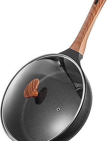 Bratpfanne mit Glasdeckel Ø28 cm, Höhe 8cm, für alle Herdarten , Induktions Kompatibel, PFOA freie Pfanne mit echten Steinpartikeln beschichtet, Antihaft, Kratzfest, Universalpfannen aus Aluguss