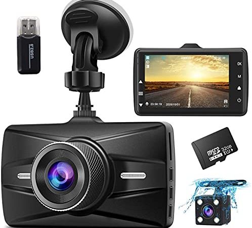 Dashcam Auto Vorne und Hinten mit 32GB SD-Karte,Autokamera 3,0-Zoll IPS Bildschirm Full HD 1080P,Körper aus Aluminiumlegierung,170 ° Weitwinkel,WDR,Parküberwachung,Nachtsicht,G-Sensor,Loop Aufnahme