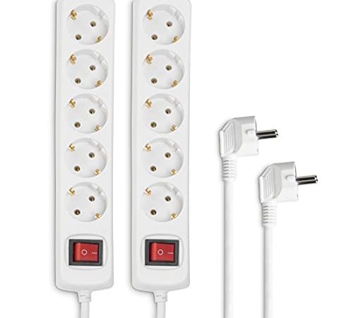 Hama Steckdosenleiste 5-fach im Doppelpack (Mehrfachsteckdose mit Save Energy-Schalter zum Stromsparen, Steckplätze 45 Grad gedreht, Kabel 1,4m, GS geprüft) Weiß