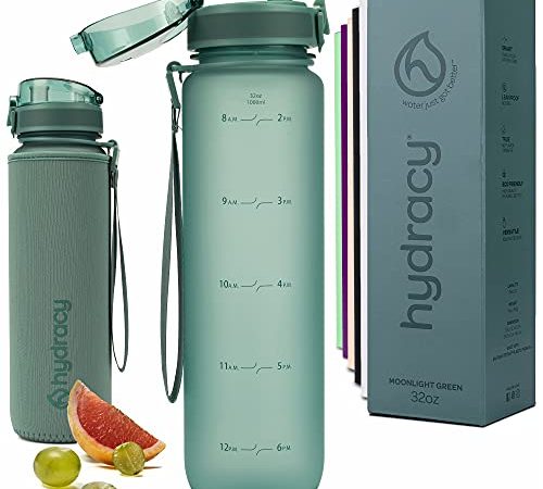 Hydracy Trinkflasche mit Infuser und Zeitmarkierung - 1Liter BPA-Frei Auslaufsicher Sportflasche - Kondenswasserfrei Wasserflasche - Ideal für Sport und Outdooraktivität - Mondlichtgrün