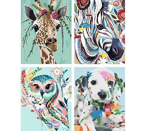 Malen Nach Zahlen Tiere,Malen Nach Zahlen Erwachsene,4 Pack Malen Nach Zahlen,Eule Hund Giraffe Pferd Bilder Acryl Ölgemälde Set mit Pinseln und Farben 50X40cm